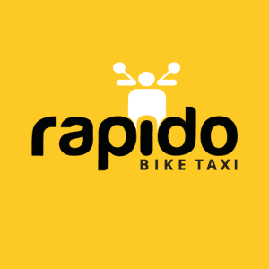Rapido logo with a stylized 'R' and lightning bolt, representing speed and innovation in transportation.
