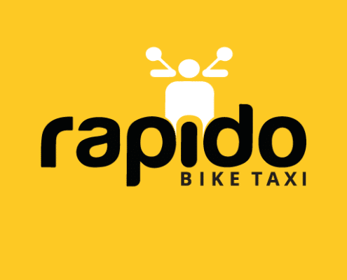 Rapido logo with a stylized 'R' and lightning bolt, representing speed and innovation in transportation.